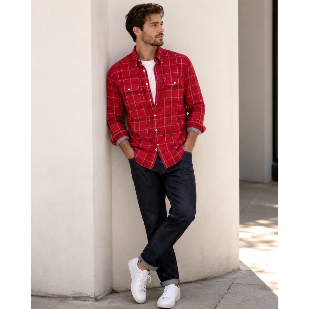 Tommy Hilfiger Mns Medium Red Plaid Button Down Shirt Cotton 90s Preppy Workwear